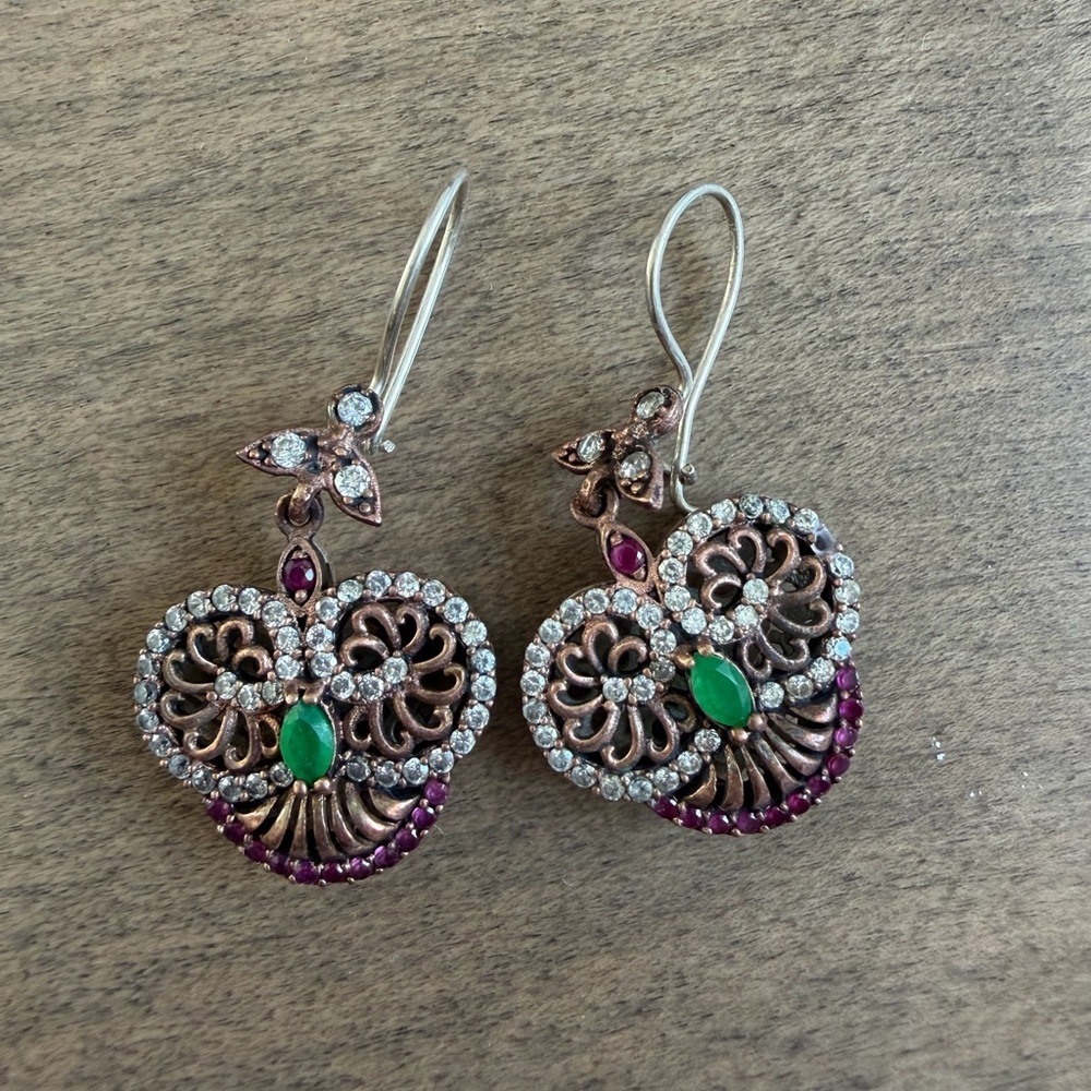 Antique Sterling Silver Owl Earrings and Ring Set with rubies and emerald - Picture 9 of 10